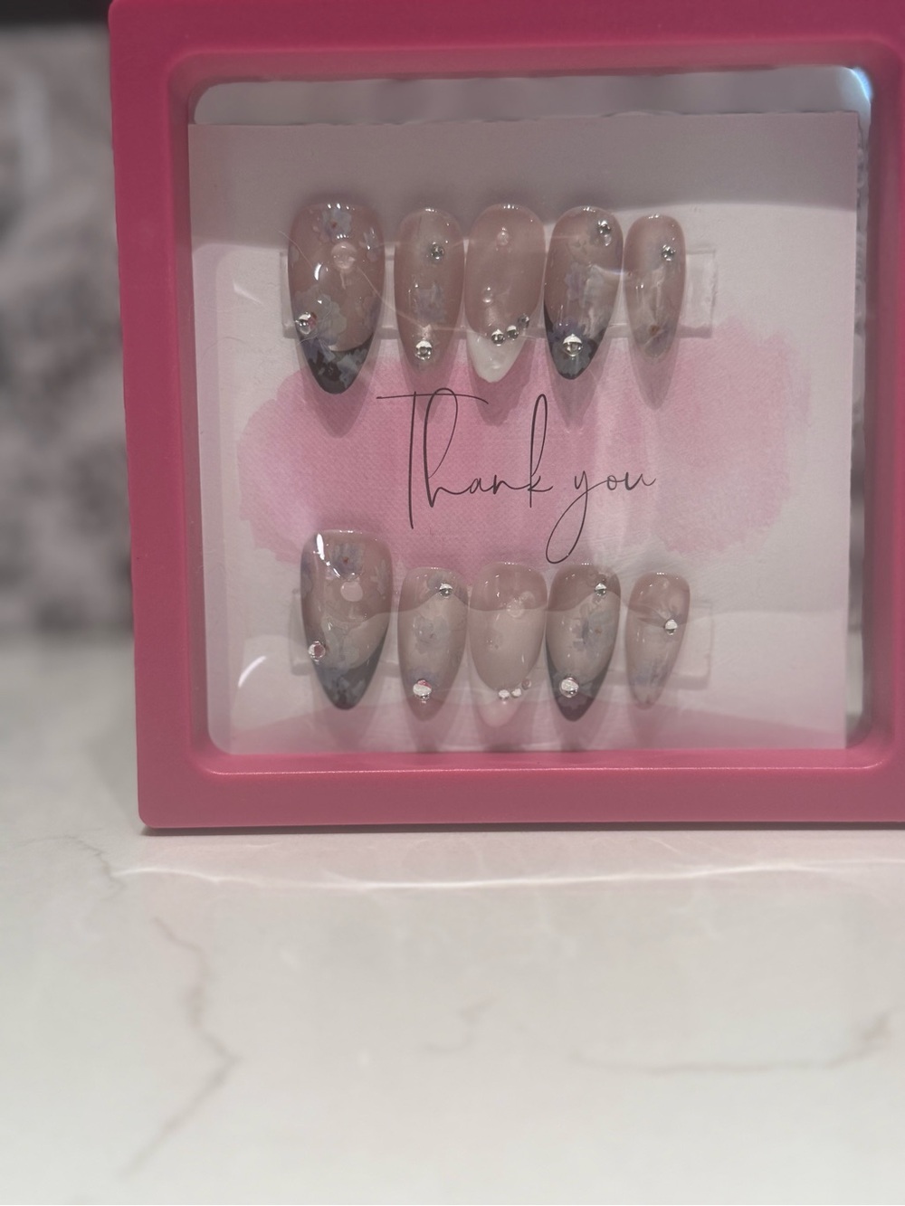 Neutral Nude and Gray Press-On Nail Set with Crystal Accents